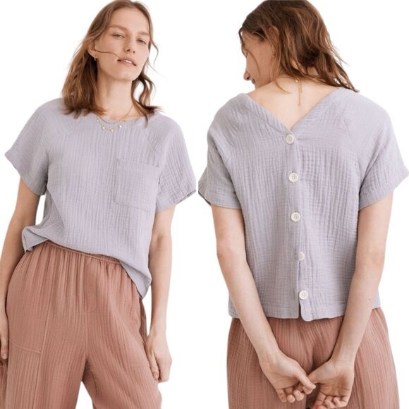 Madewell Lightspun Renwood Button-Back Top Faded Lavender Gauze Pocket Small EUC - Picture 1 of 6